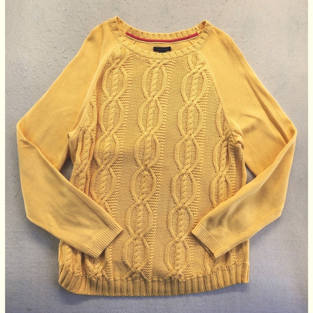 Tommy Hilfiger Yellow Cable Knit Cotton Crewneck Sweater Size XL